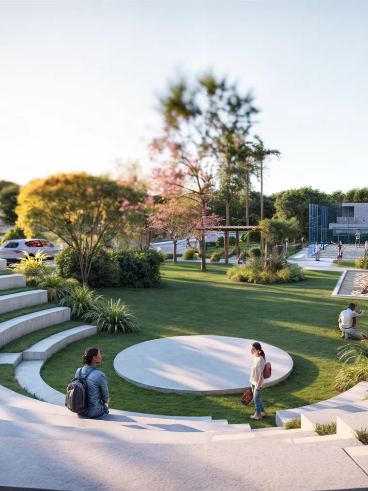 Imagem 3D do projeto: praça central com anfiteatro e gramado